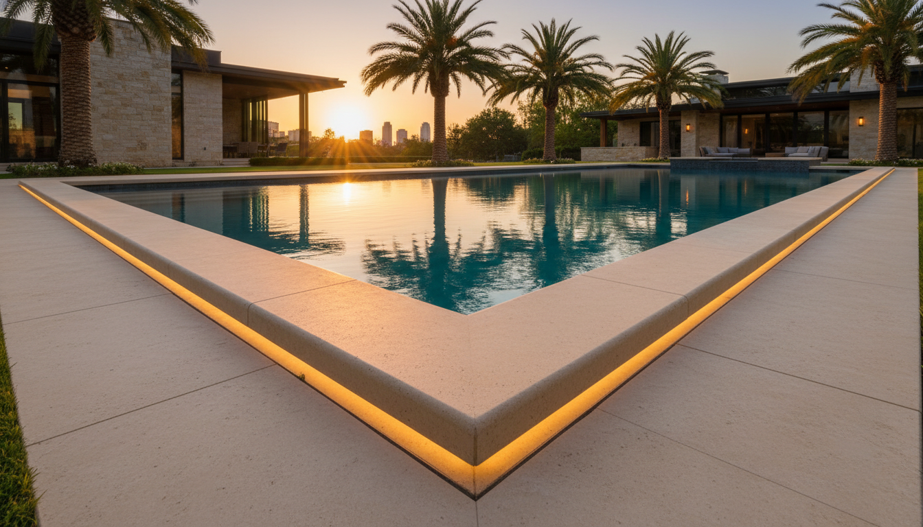 Precast concrete pool coping installed on a luxury backyard pool